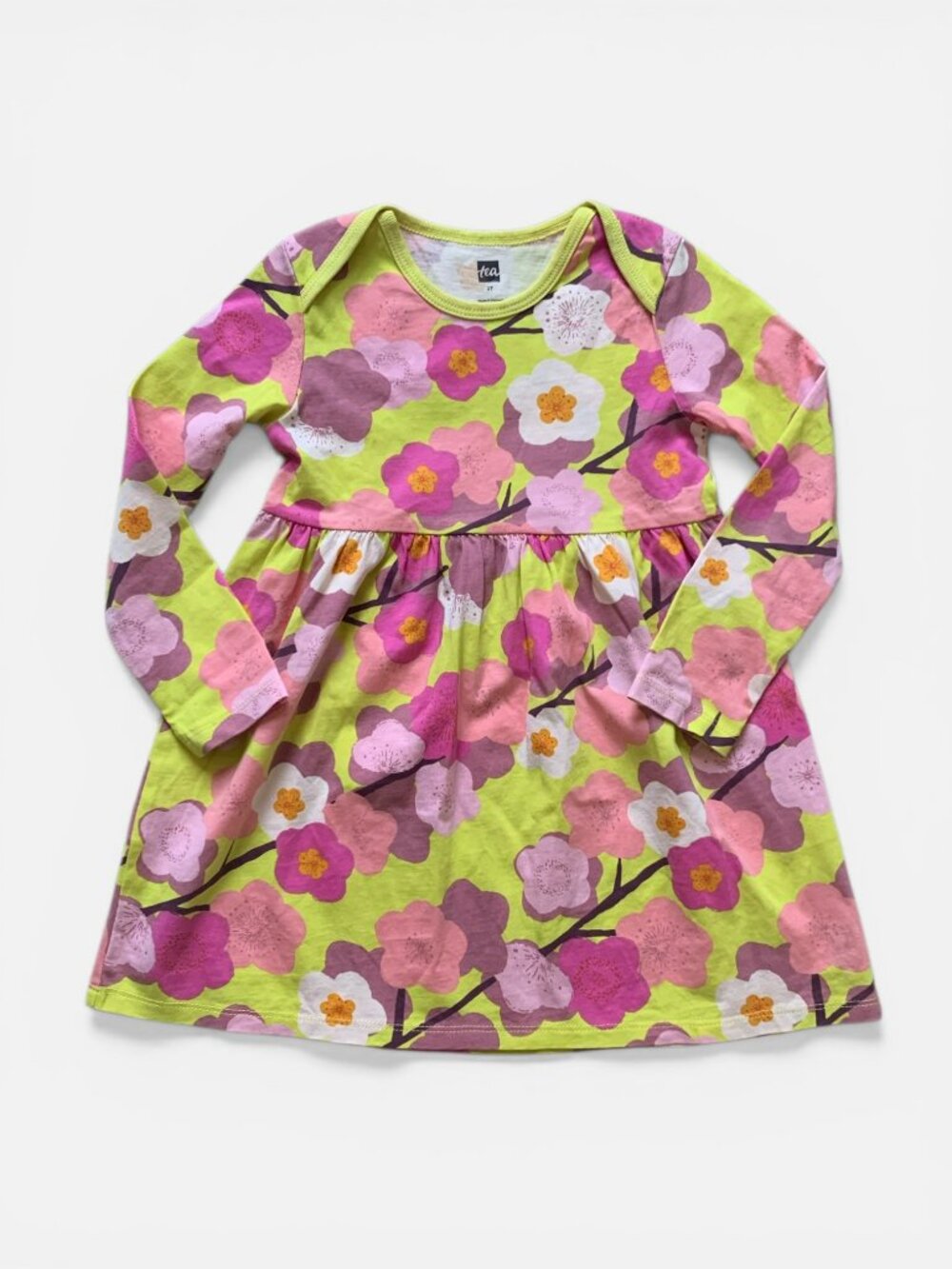 Tea Collection Girls Floral Long Sleeve Dress in Lime & Pink Blossoms Sz 3T
